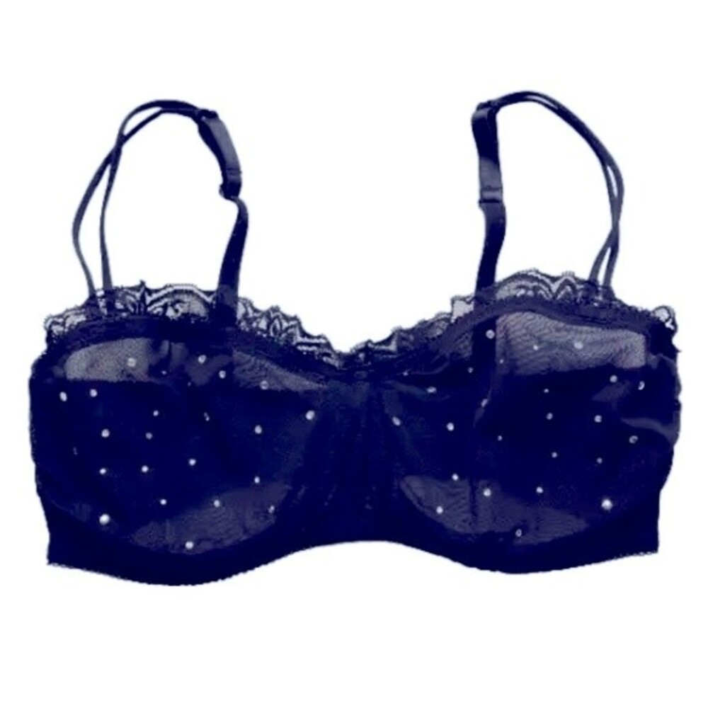 H&M Balcony Bra U/Wired Non-Padded W/ Rhinestone Sexy Mesh & Lace 34D Black VTG